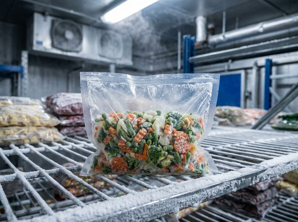 Resilient frozen food packaging material maintaining integrity in extreme low-temperature logistics.