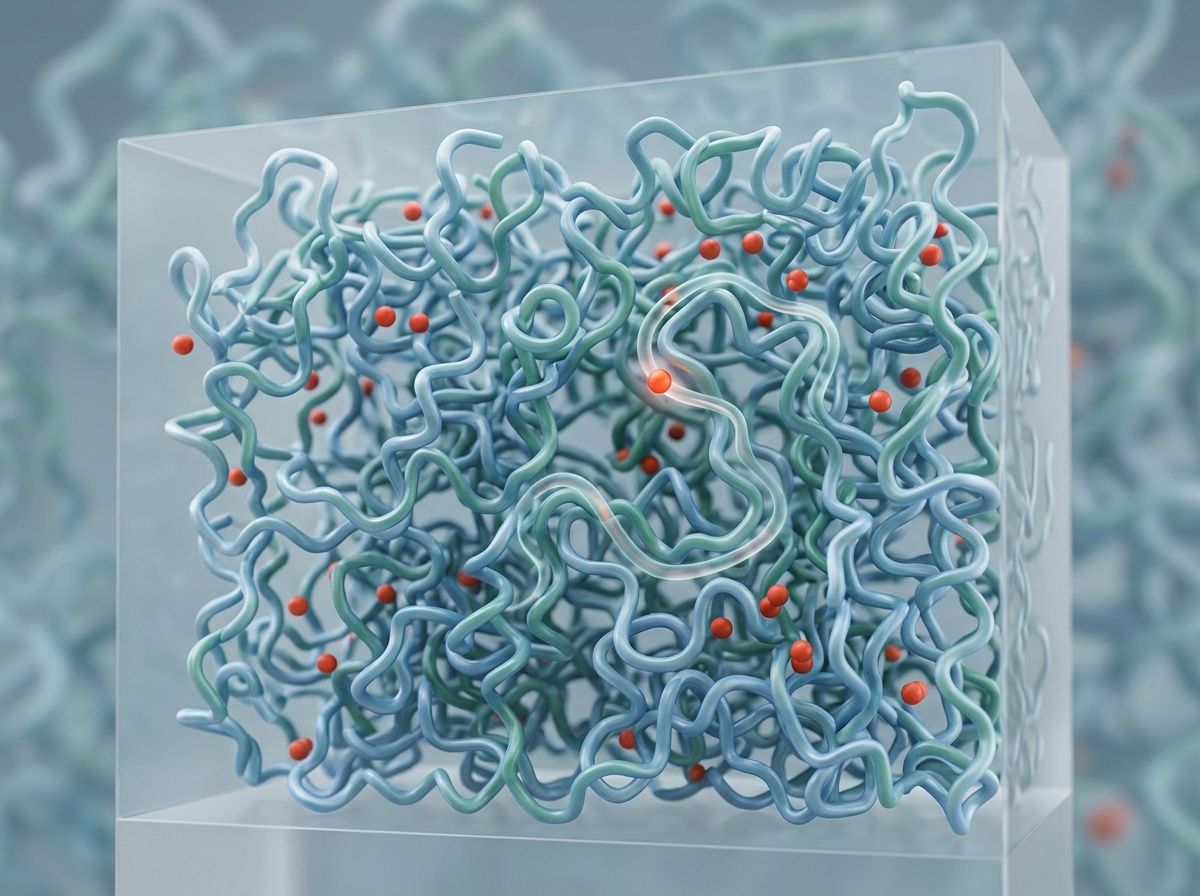Scientific visualization of oxygen molecules navigating a dense polymer molecular barrier structure.