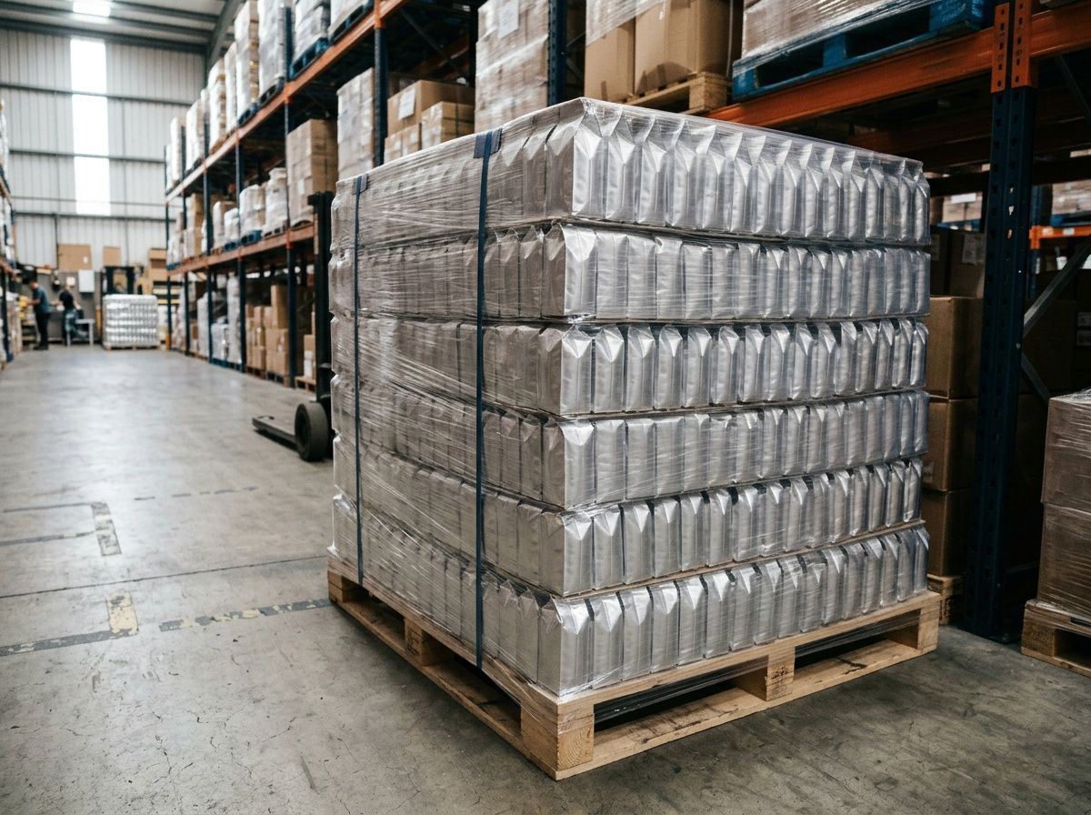 Side-gusseted tea bags stacked on a shipping pallet illustrating high volume efficiency for industrial logistics.