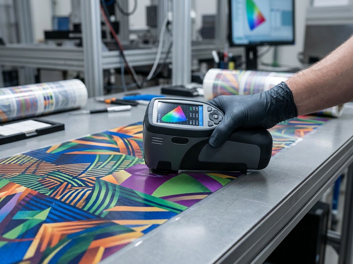 Spectrophotometer being used to measure Delta E and color accuracy on printed packaging film.