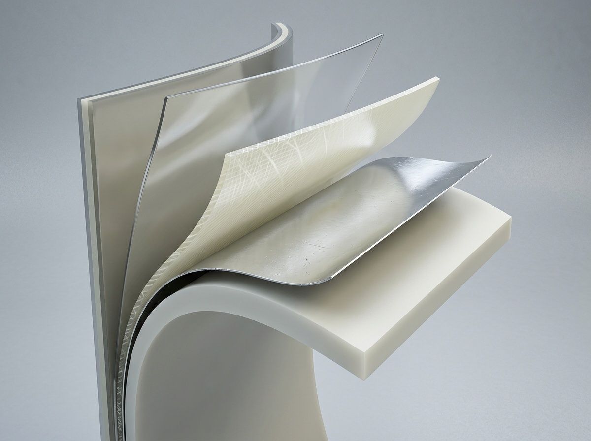 Technical 3D cutaway showing the PET, PA, Aluminum, and CPP layers of a high-strength laminate.