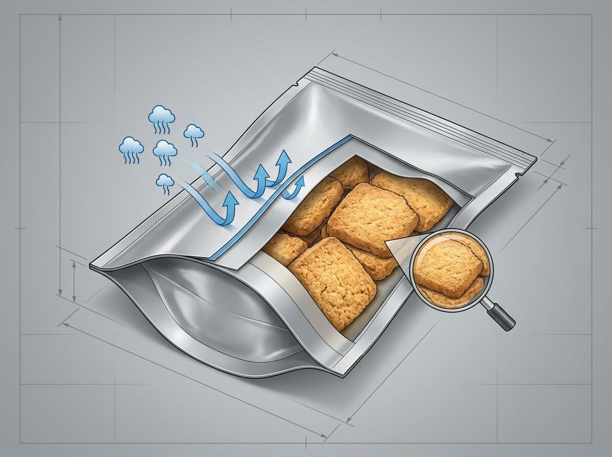 Technical 3D schematic showing a moisture barrier protecting dry bakery goods from humidity ingress.
