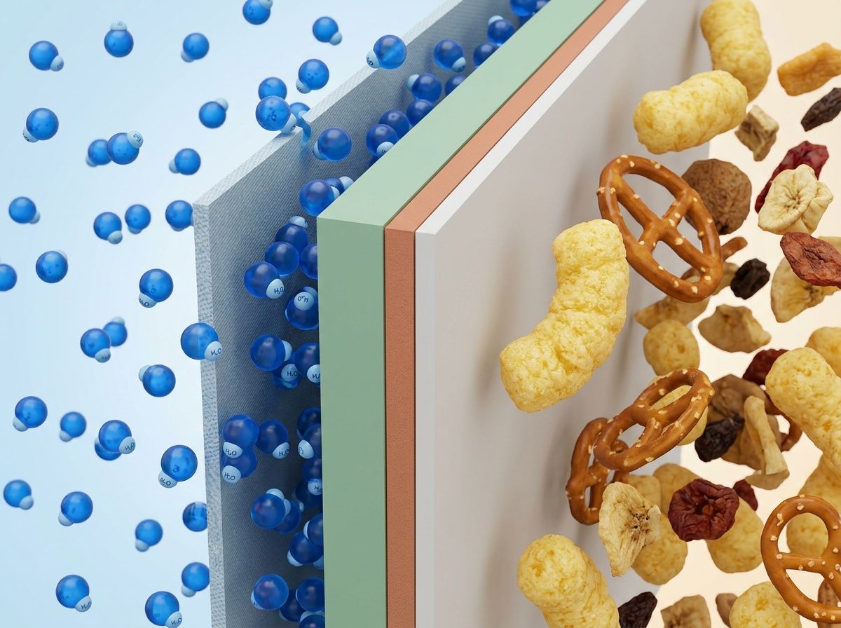 Technical illustration of moisture barrier film preventing texture loss and glass transition in snacks.