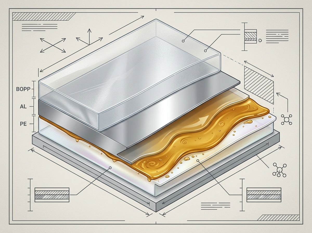 Technical multi-layer laminated film structure showing aluminum and polymer layers resisting spice oil degradation.