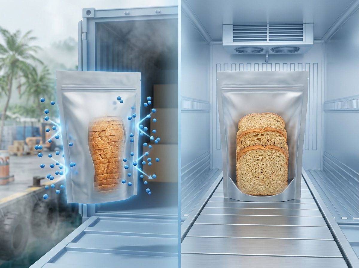 Technical visualization of moisture barrier packaging preventing water ingress during bakery product logistics and transport.
