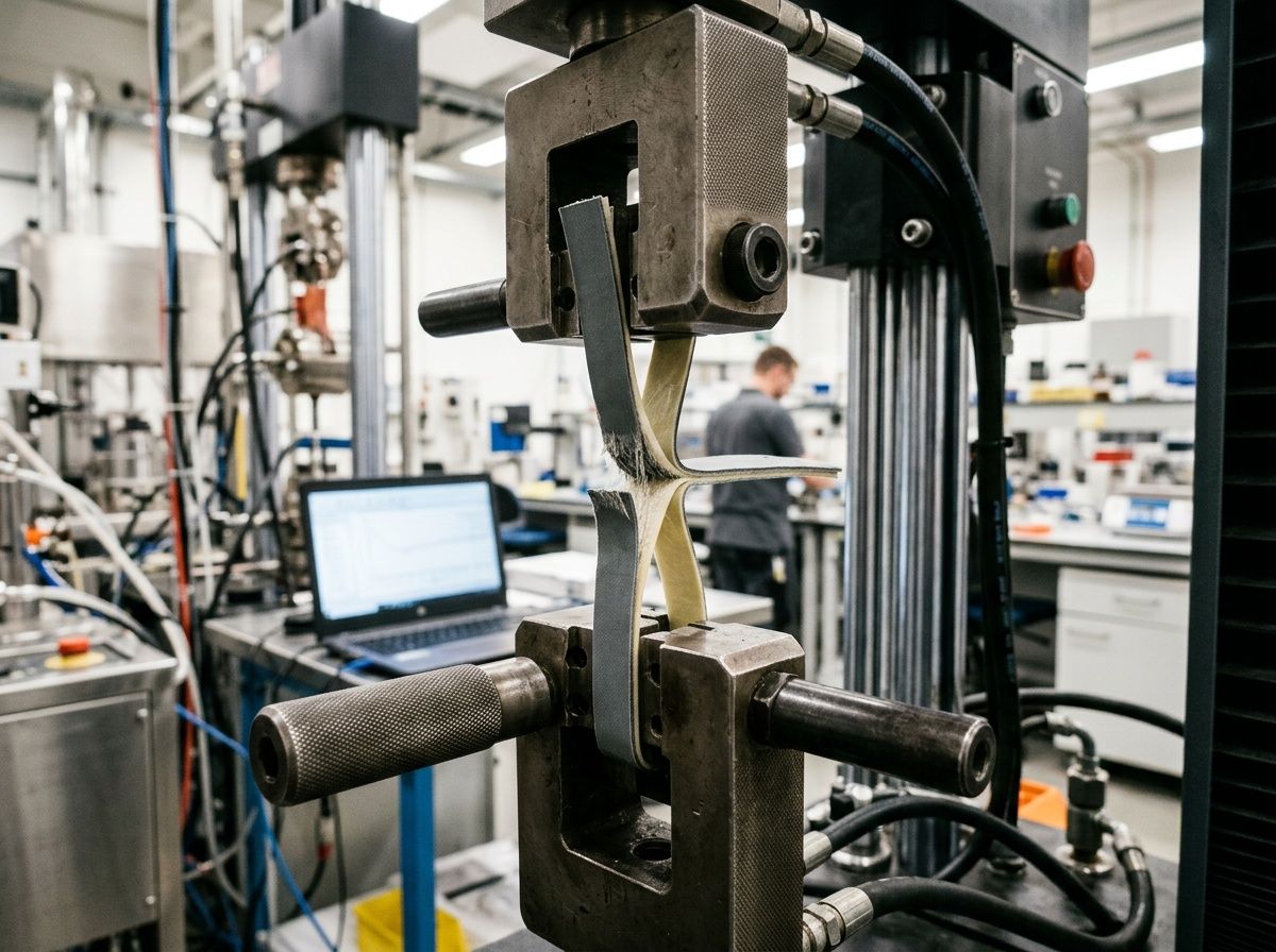 Tensile testing machine performing a peel strength test on a flexible laminate sample.