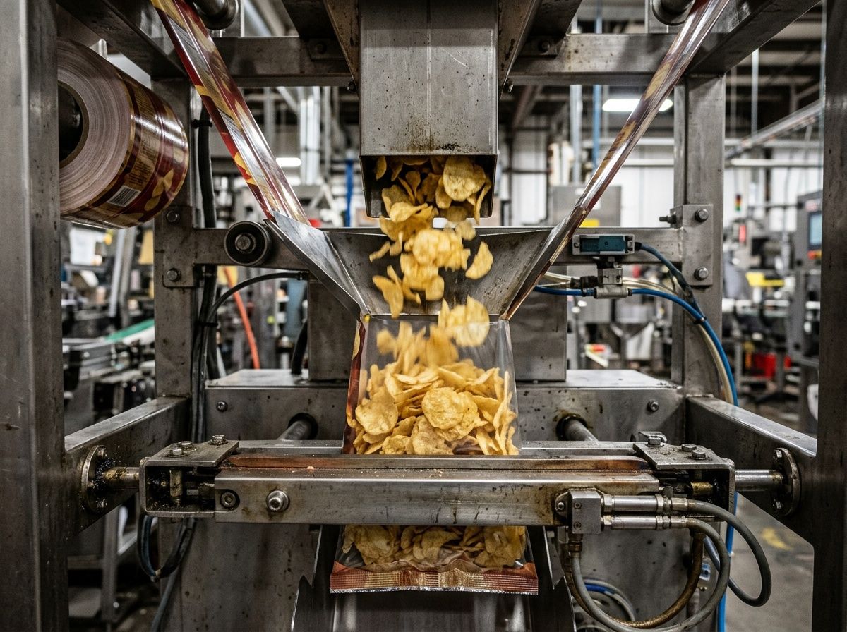 VFFS machine filling a snack pouch demonstrating hot tack strength and seal reliability.