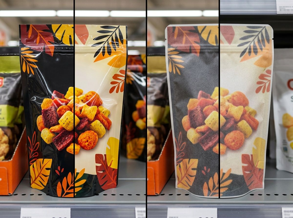 Visual comparison between high-clarity PET printing and translucent PE material on a retail shelf display.