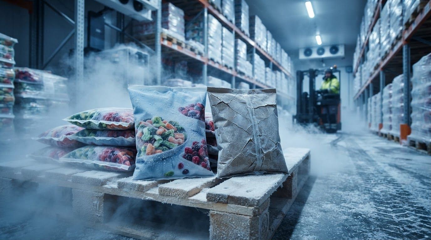 Frozen Food Packaging Bags: How Cold-Resistant Material Engineering Prevents Freezer Burn and Seal Failure – Cover Image frozen food packaging bags: cold resistant packaging materials, VMPET flexible packaging, PE frozen food pouches, high barrier film for food, custom printed frozen food bags, vacuum seal frozen food packaging, moisture barrier packaging, puncture resistant freezer bags, food grade composite materials