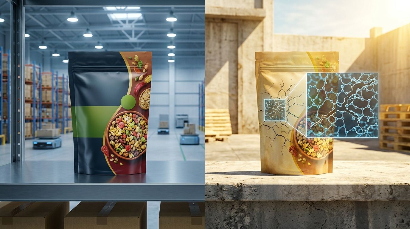 Shelf Life of Flexible Packaging Materials: Managing Barrier Degradation and Storage Risk – Cover Image shelf life of flexible packaging materials: barrier property degradation, accelerated aging test for packaging, packaging storage conditions, oxygen transmission rate OTR, UV resistance in flexible packaging, moisture barrier loss, flexible film expiration date, PET/PE laminate shelf life