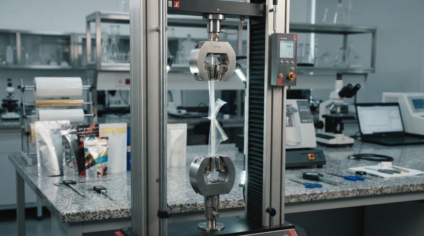 Peel Strength Testing for Flexible Packaging: How Tensile Data Secures Laminate and Seal Integrity – Cover Image peel strength testing for flexible packaging: ASTM F88 seal strength, laminate bond strength test, tensile testing machine, flexible barrier materials, delamination resistance, 180 degree peel test, T-peel test method, packaging quality control