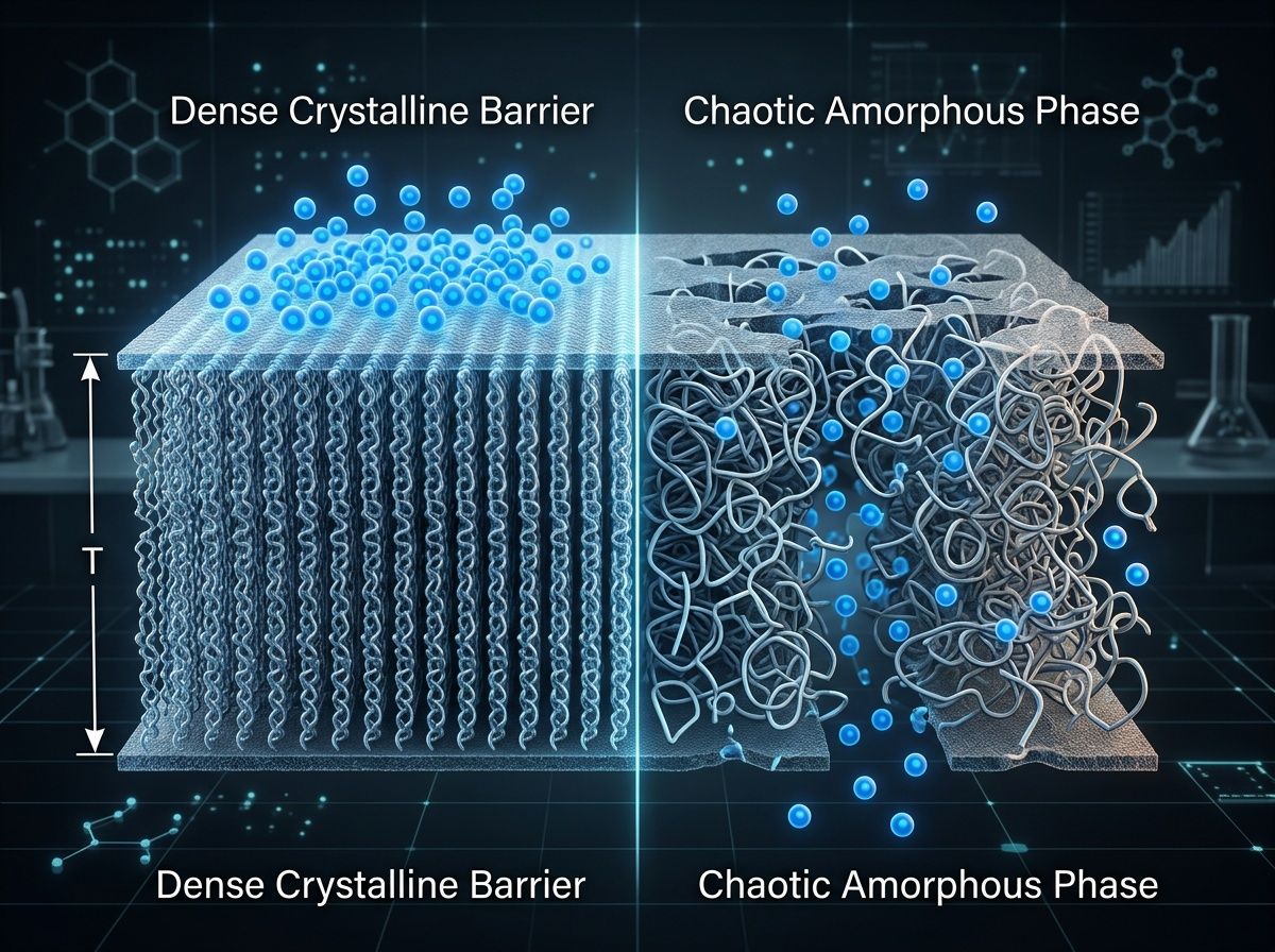 3D molecular schematic showing oxygen molecules penetrating a degraded and fragmented polymer film matrix.