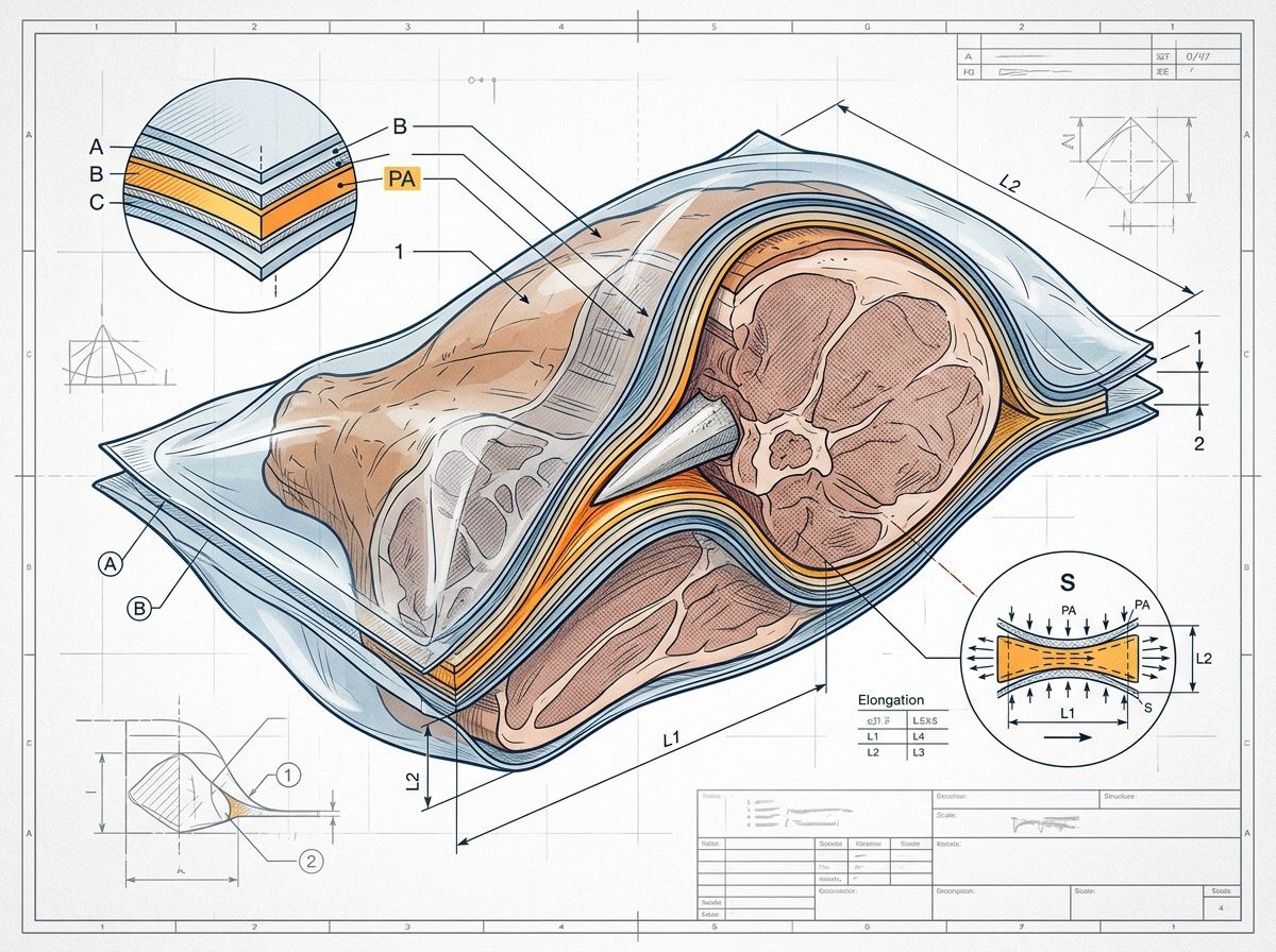 3D schematic of puncture-resistant Nylon layer stretching to protect against sharp bone-in meat edges.
