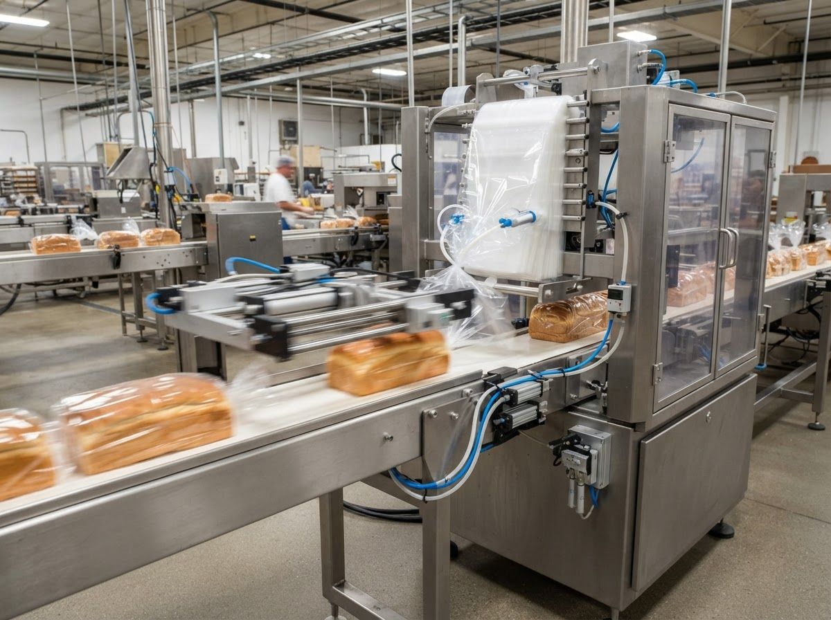 Automated wicketed bag loader packaging sliced bread loaves on a high speed industrial bakery conveyor.