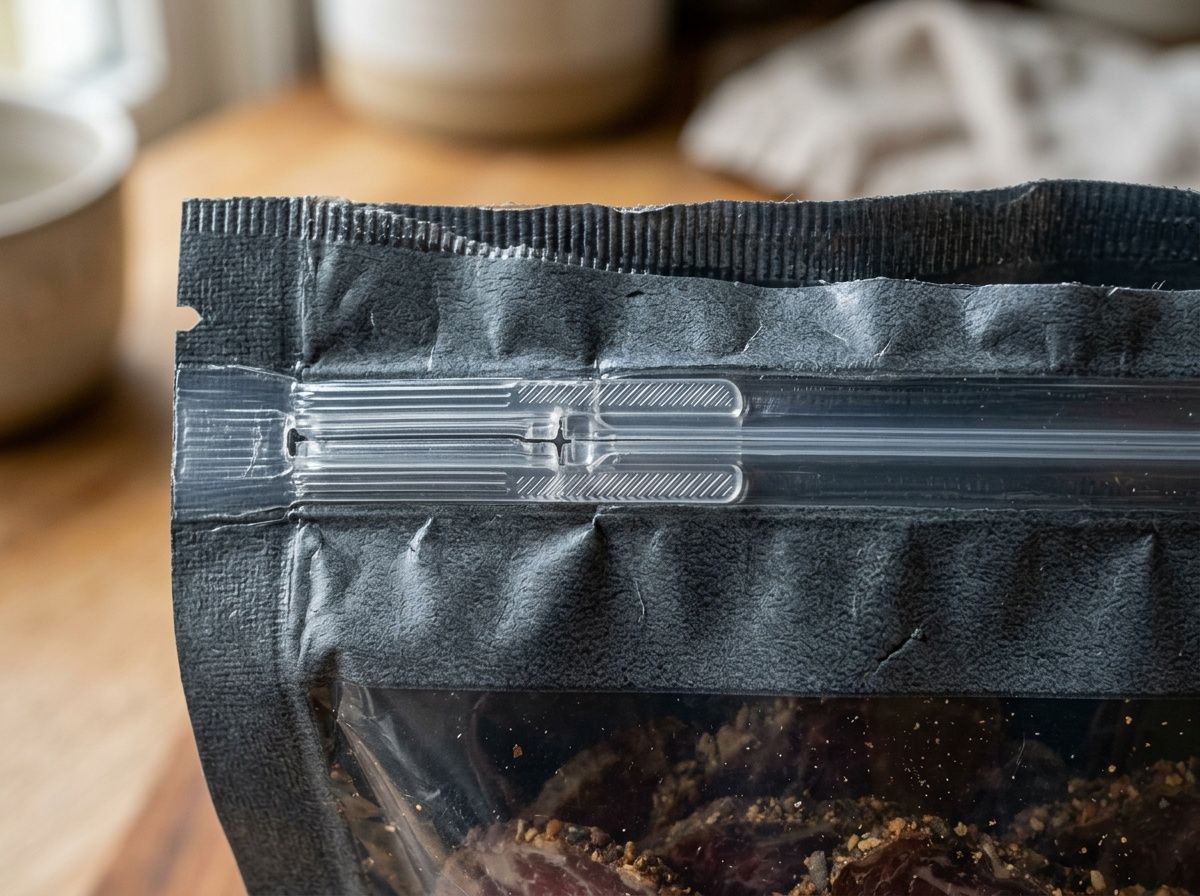 Close-up of a high-quality resealable zipper mechanism on a professional deli food flexible pouch.