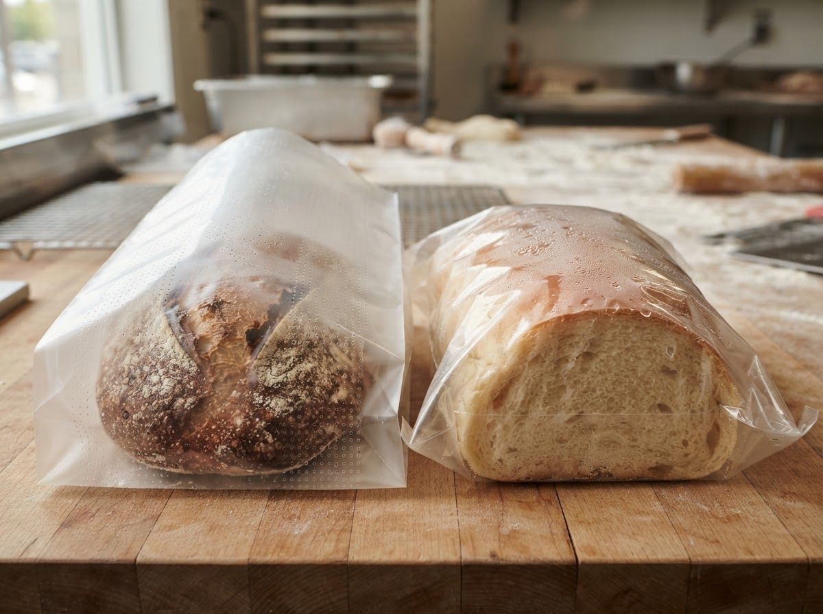 Comparative display of micro perforated breathable bread bag alongside sealed high barrier polyolefin packaging.