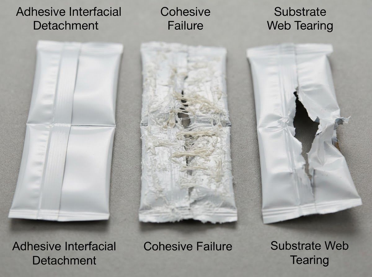 Comparative view of adhesive failure cohesive separation and substrate tear modes in packaging seams