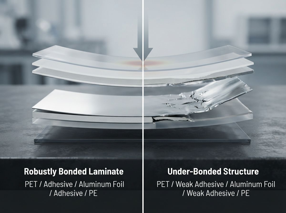 Cross section diagram comparing intact barrier foil laminate with delaminated flex-cracked foil structure