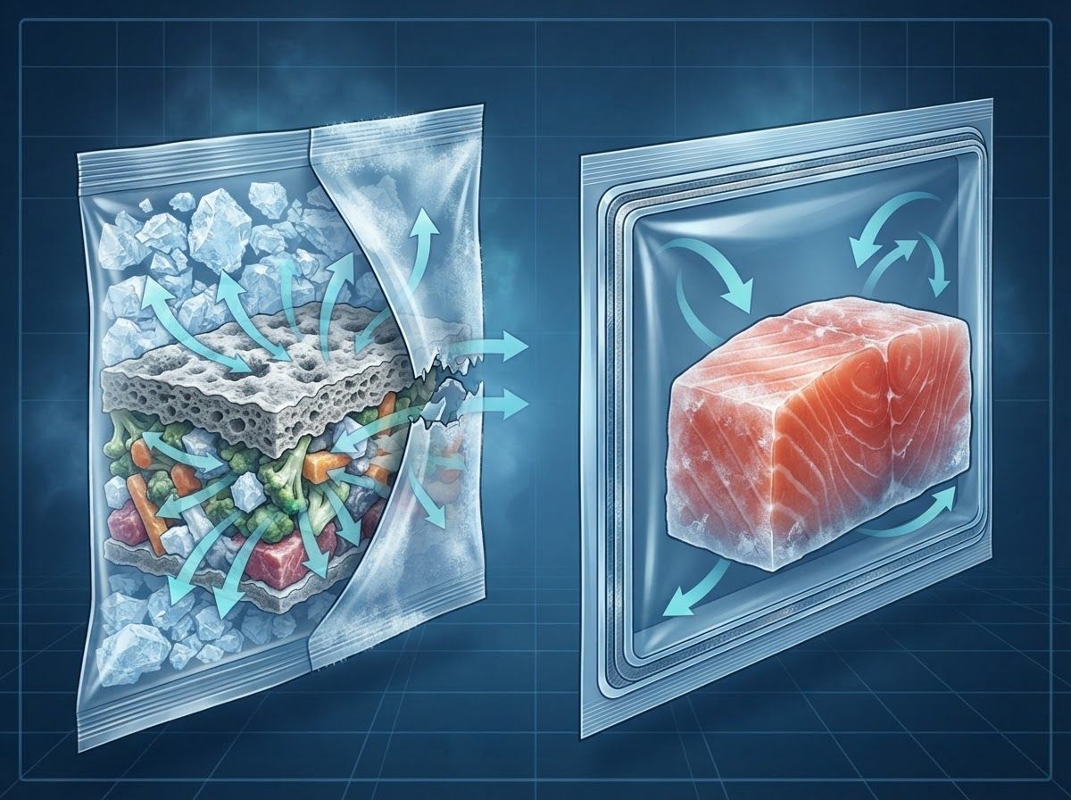 Cross-section illustration showing moisture barrier film preventing ice sublimation and freezer burn