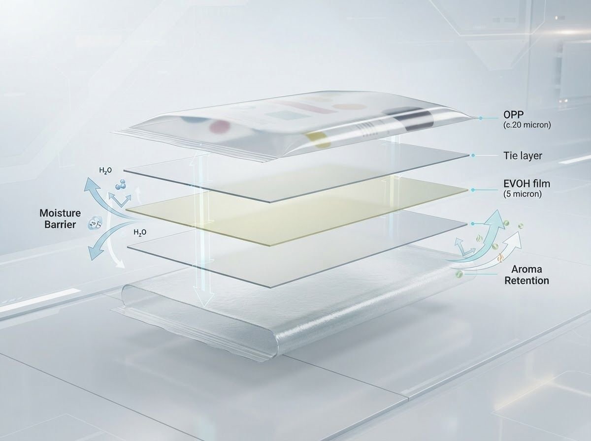 Exploded cross section diagram of multi layer barrier plastic film structure for commercial bread packaging.
