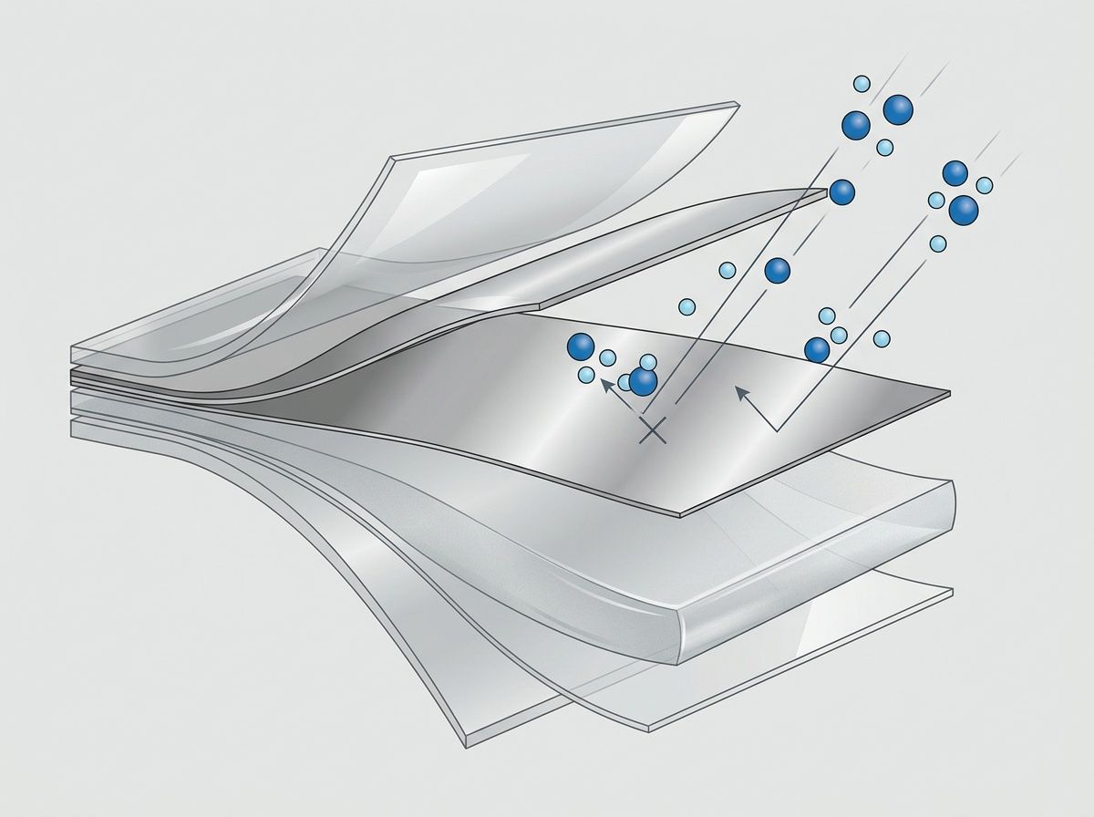 Exploded view of a BOPP, Aluminum Foil, and PE multi-layer laminate structure for food barrier protection.