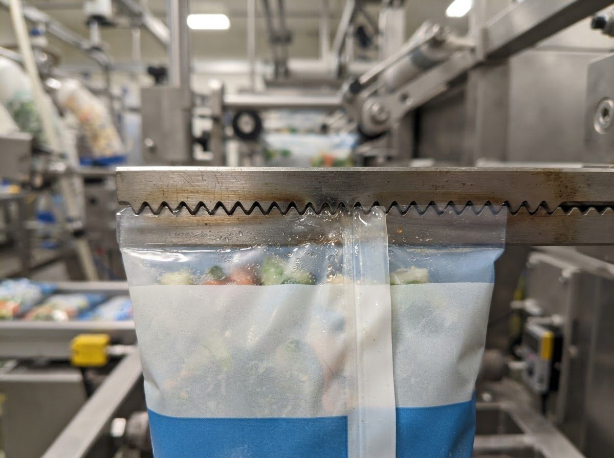 Industrial heat sealing jaws forming a hermetic closure on cold-resistant flexible packaging film