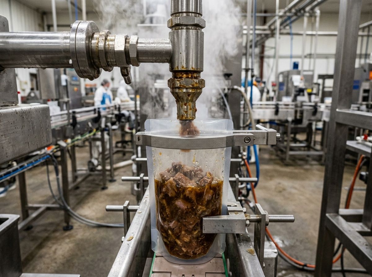Industrial hot-filling process showing a heat-resistant pouch maintaining seal integrity with hot braised meat.
