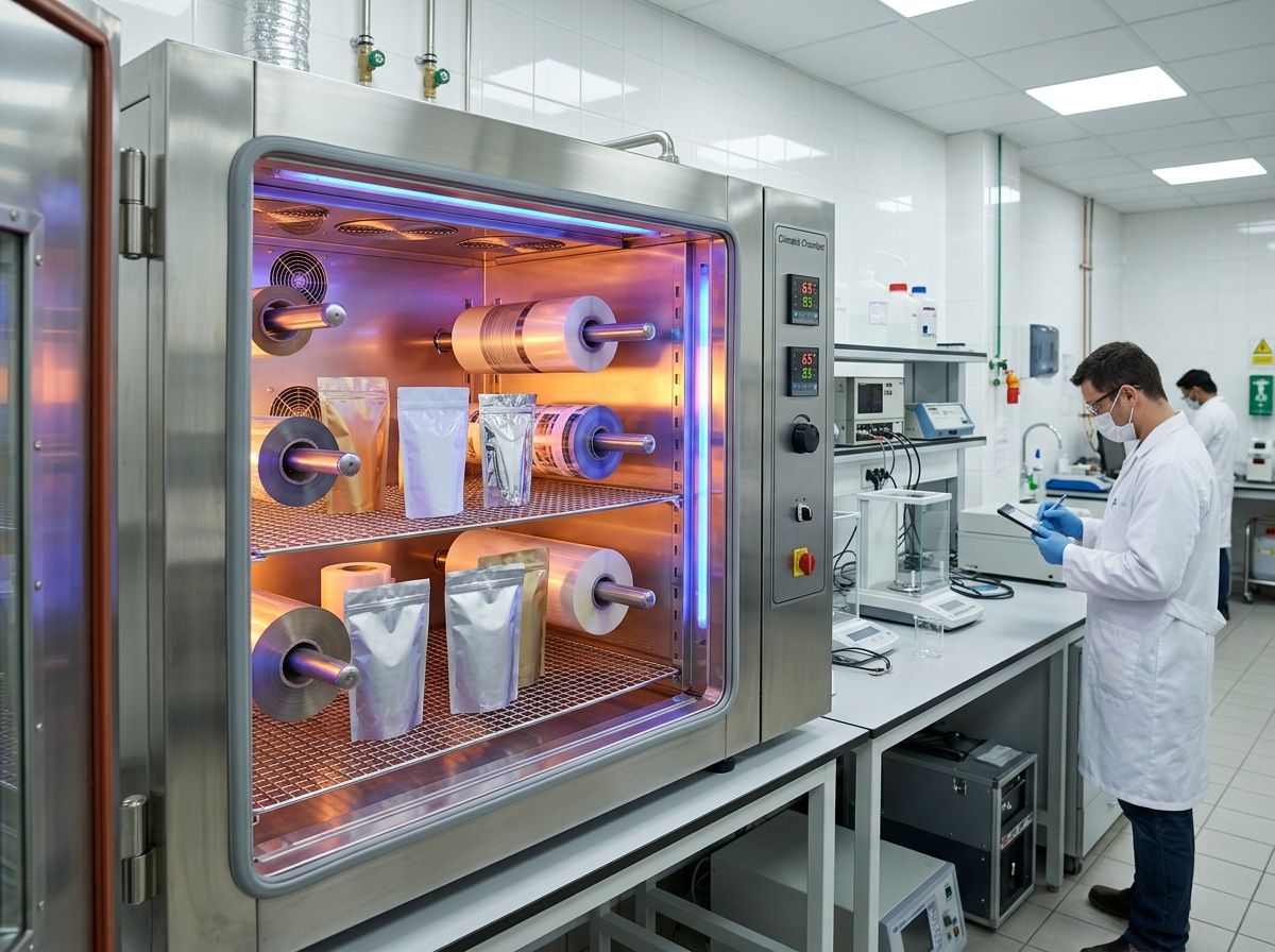 Industrial laboratory environmental chamber performing accelerated aging tests on flexible packaging materials.