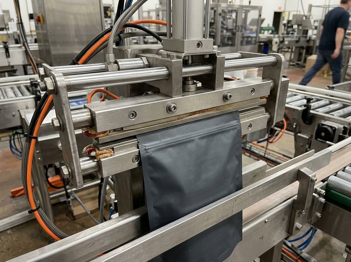 Industrial sealing bars applying heat to a matte-finished deli bag without causing surface smudging.