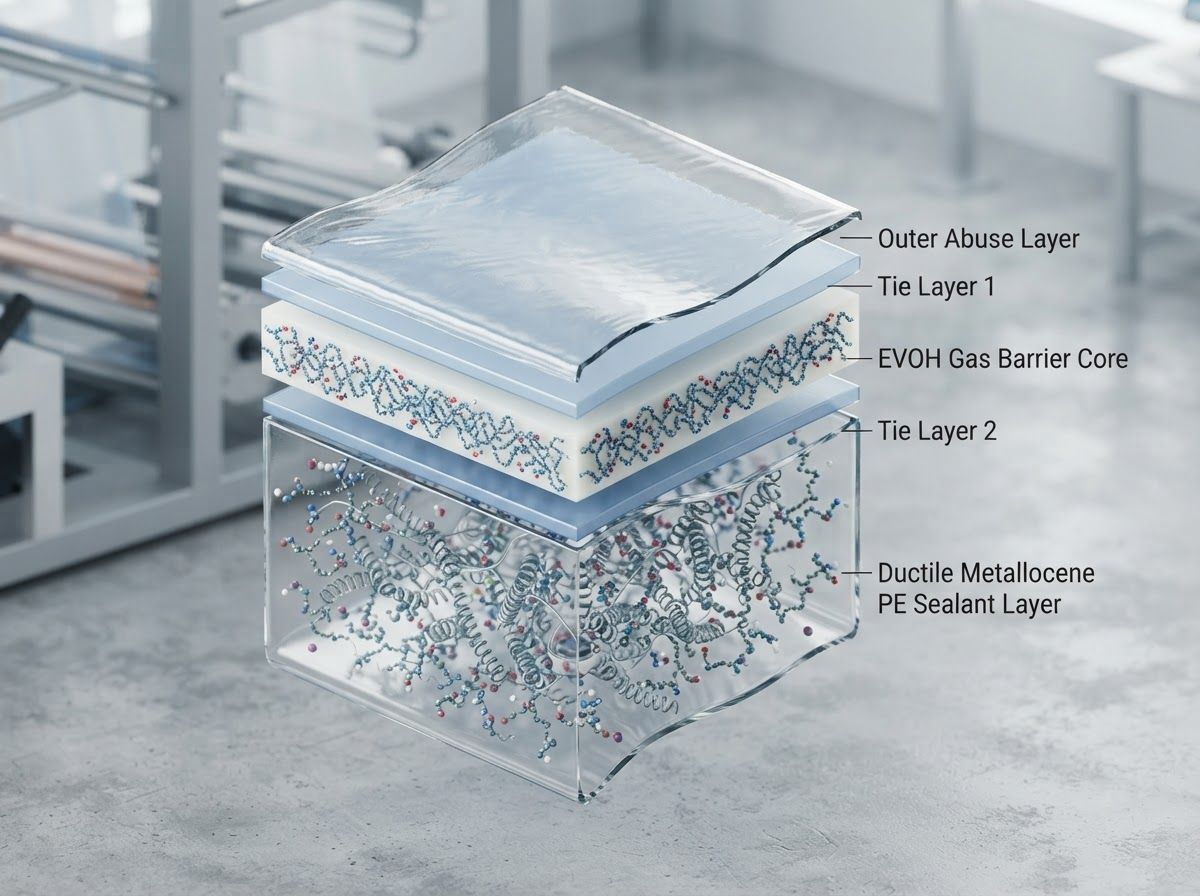 Layered coextruded composite film structure designed for low-temperature ductility and barrier protection