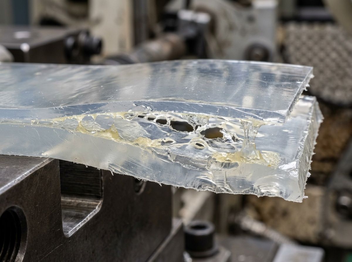 Macro cutaway of a PET/PE laminate showing delamination and the formation of air gaps between layers.
