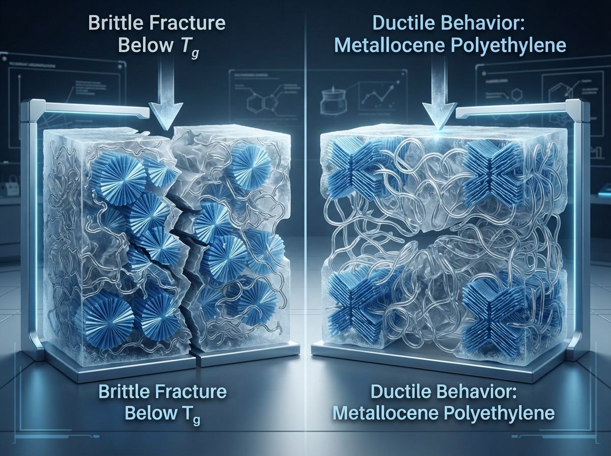 Microscopic diagram of polymer tie-chains preventing brittle fracture propagation in sub-zero flexible packaging