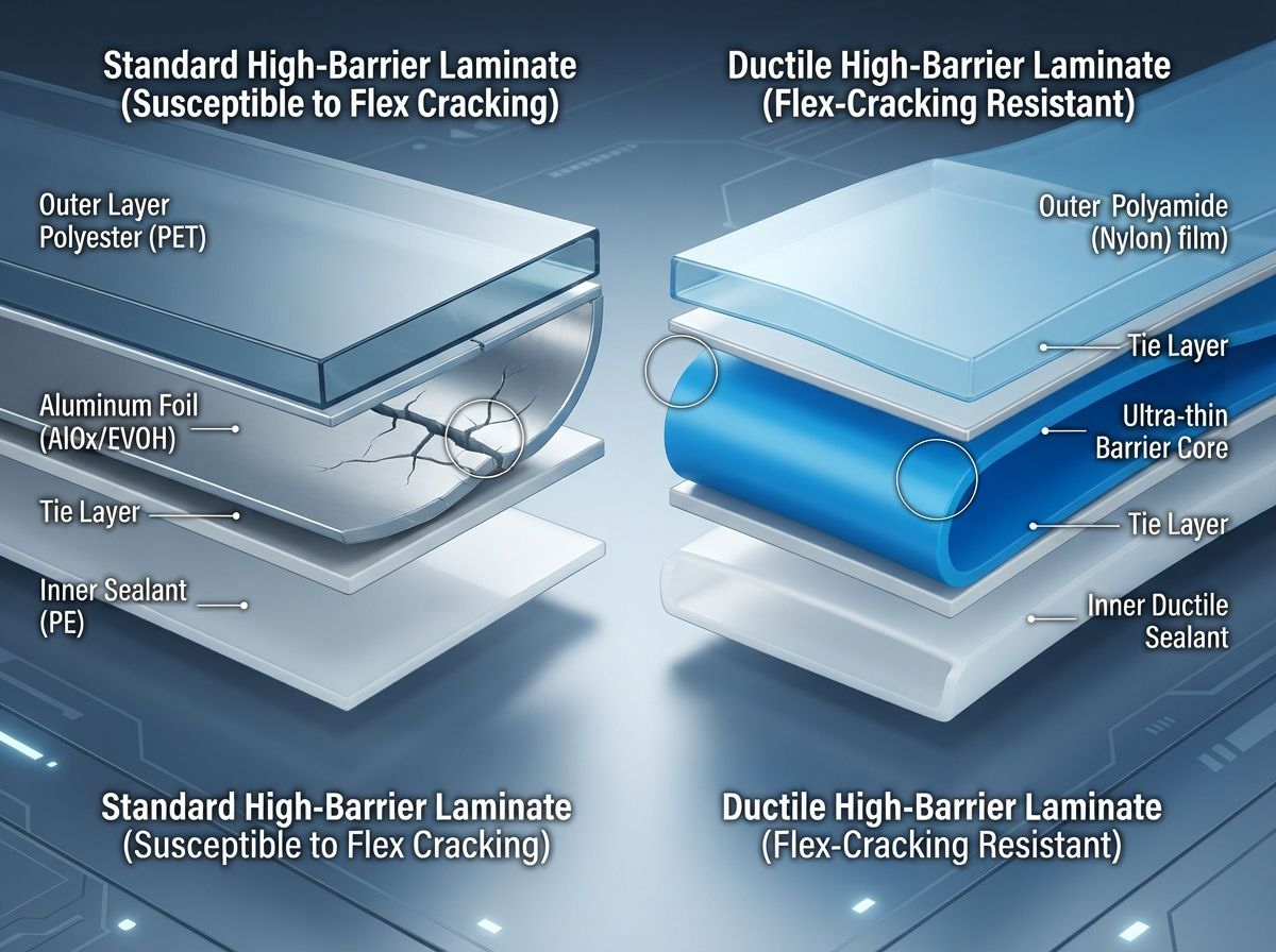 Multi-layer barrier laminate structure shielding oxygen-sensitive frozen foods from oxidation