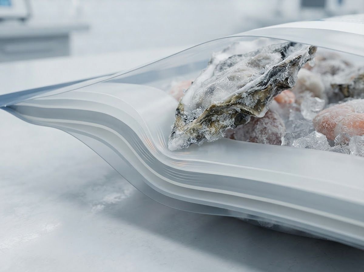 Polyamide nylon composite layer flexing to resist puncture from sharp frozen food edges