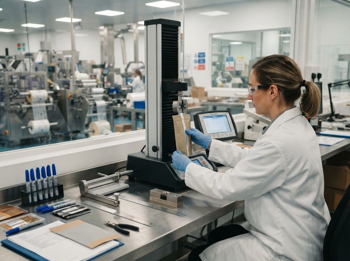 Quality technician conducting tensile peel strength and heat-seal validation on flexible packaging samples