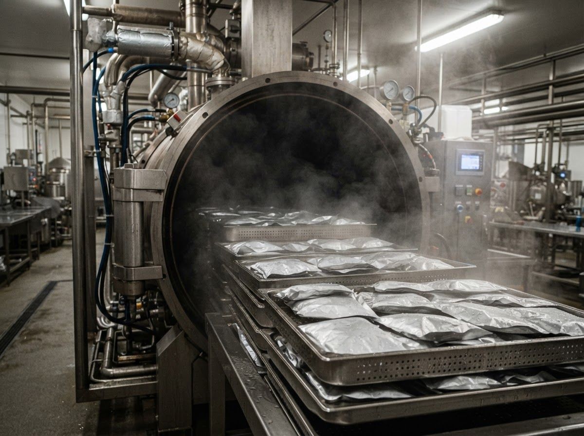Retort pouches inside high-temperature industrial autoclave sterilization chamber during thermal processing