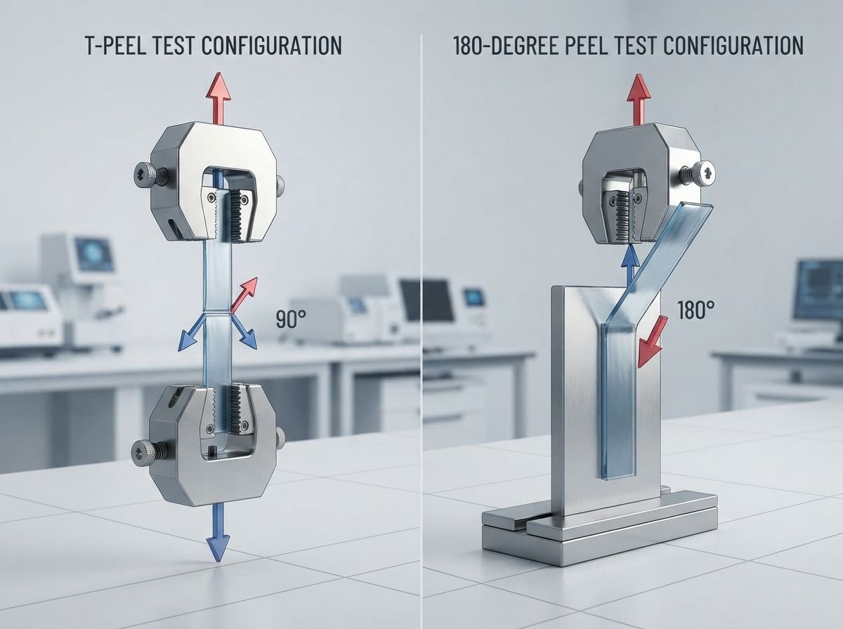 Schematic comparison between T-peel and 180-degree peel testing configurations on tensile test grips
