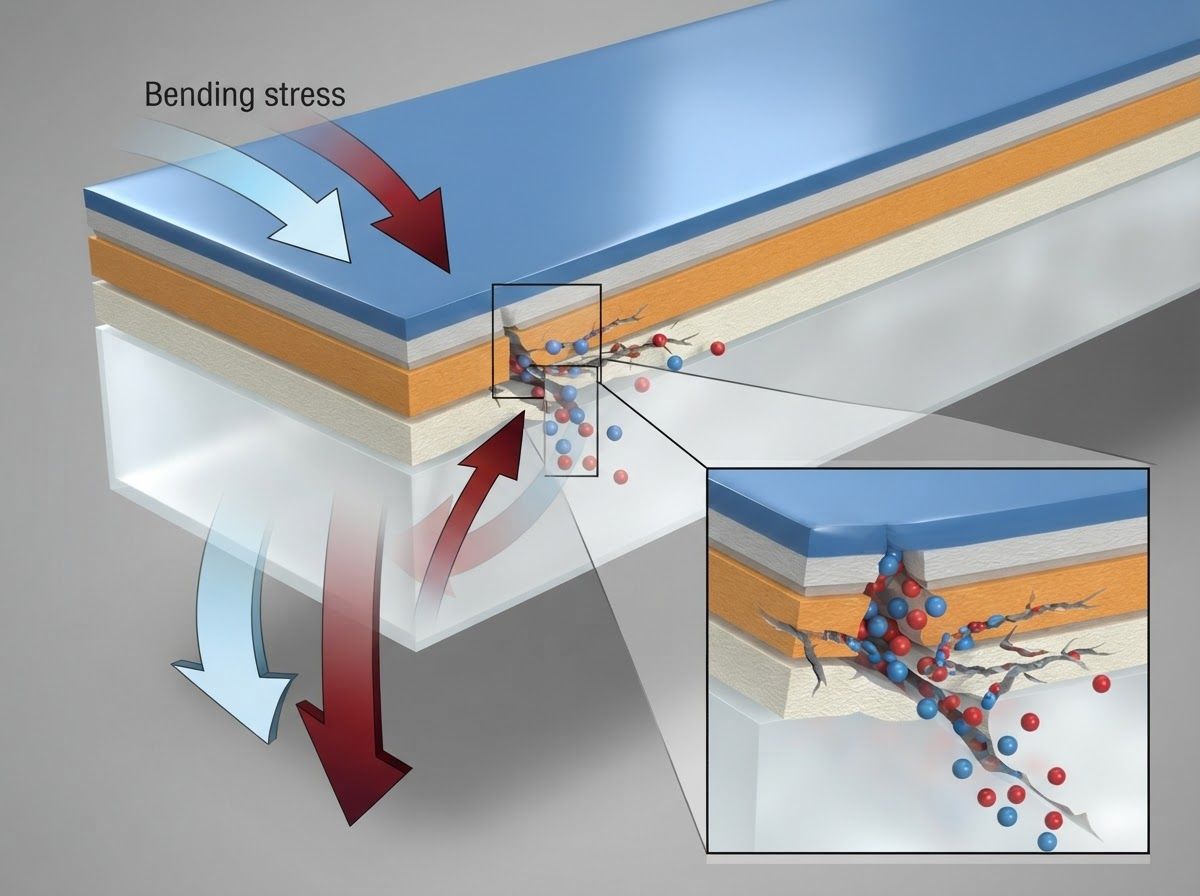 Technical cross section showing microscopic interlayer delamination and moisture migration in flexible barrier laminate