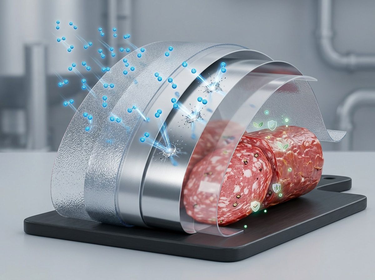 Technical cutaway of multi-layer deli film blocking oxygen ingress to preserve sliced ham quality.