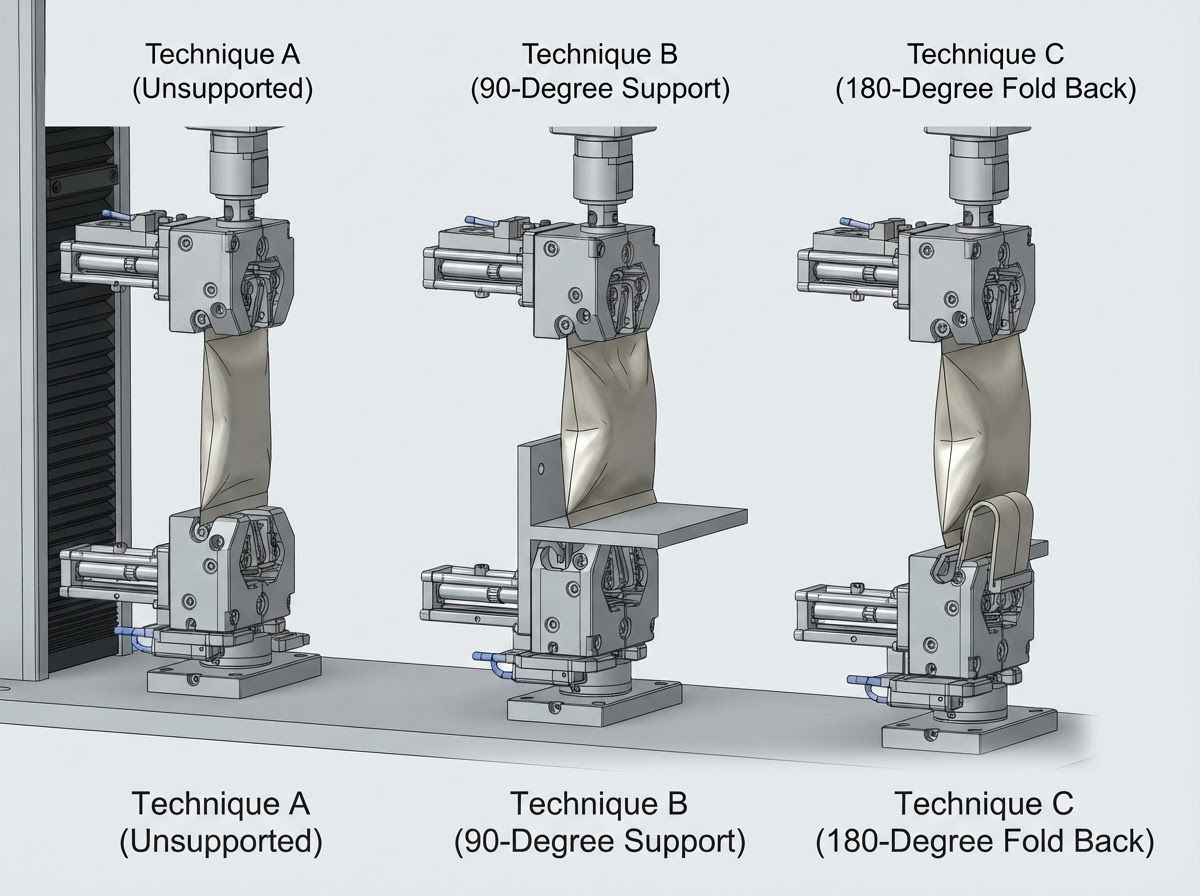 Technical schematic of ASTM F88 seal strength testing clamping and tail support techniques