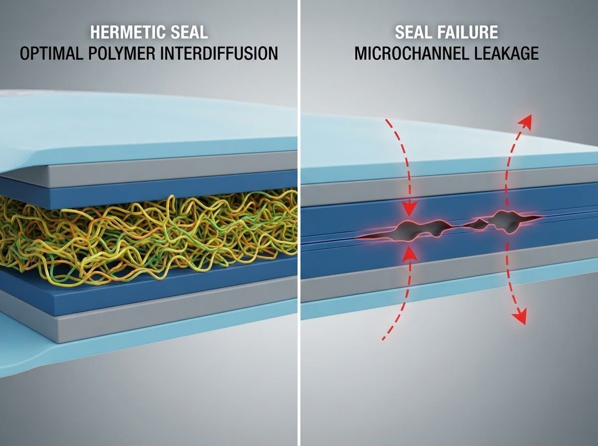 Technical visualization of hermetic heat seal polymer interdiffusion and micro-leak defense