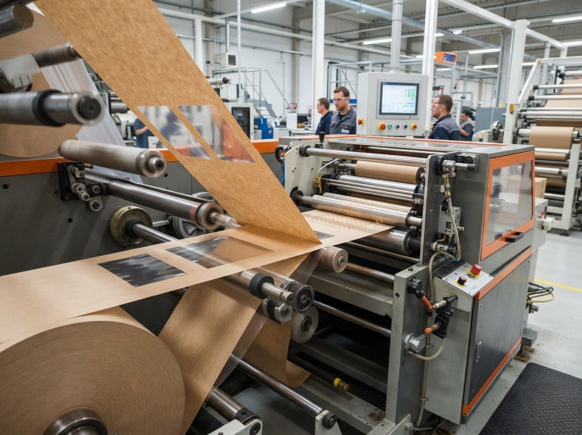 Web converting line laminating natural kraft paper with transparent viewing window film for bakery packaging.